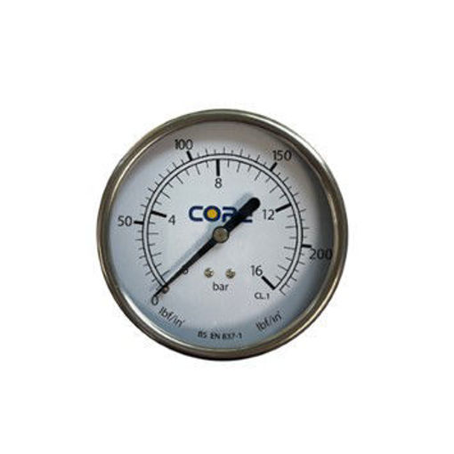 Picture of 100mm Dial 3/8" BSP CORE Back Entry Blk&St/St Pressure Gauge 0-16 Bar c/w Cal Cert