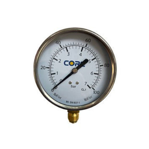 Picture of 100mm Dial 3/8" BSP CORE Bottom Entry Blk&St/St  Pressure Gauge 0-7 Bar c/w Cal Cert